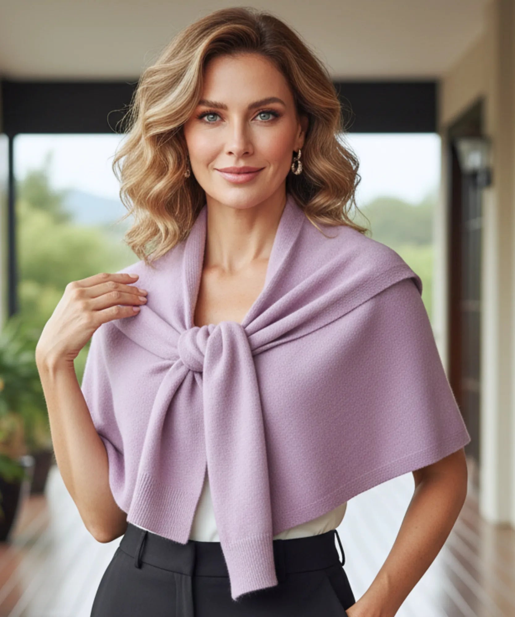 Comprar poncho feminino de tricô com mangas e amarração frontal malha macia inverno barato ANELLIMN