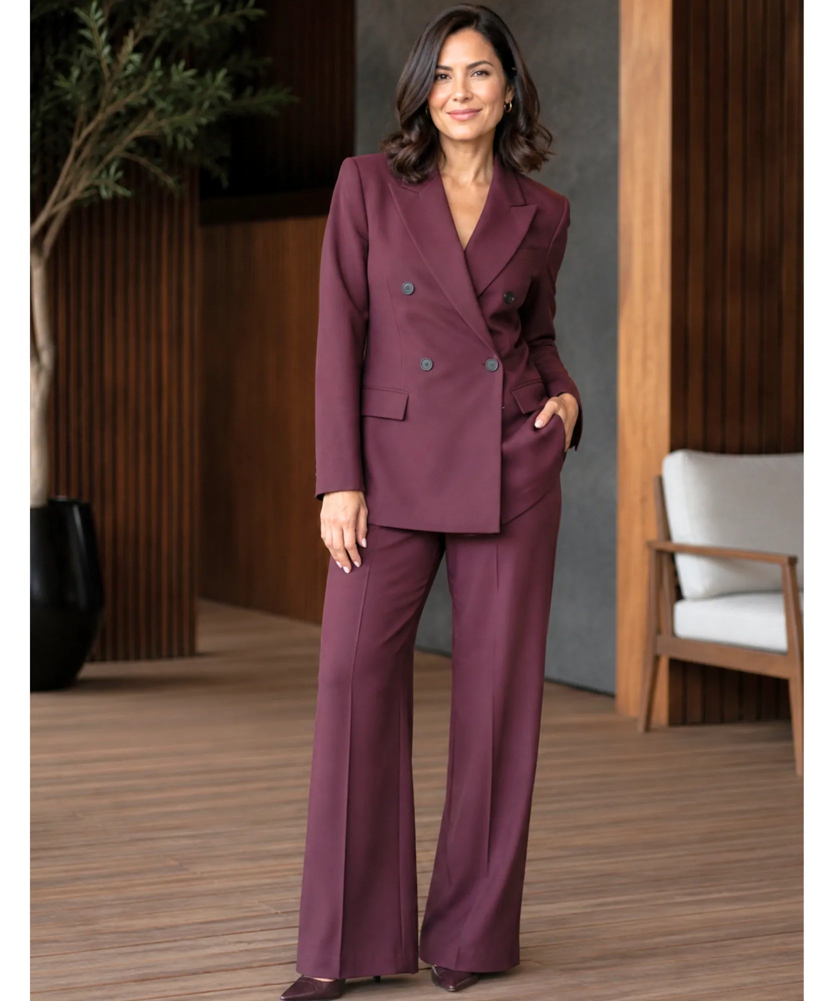 Comprar conjunto alfaiataria feminino blazer calça social executivo elegante bordô escritório promoção ZARA