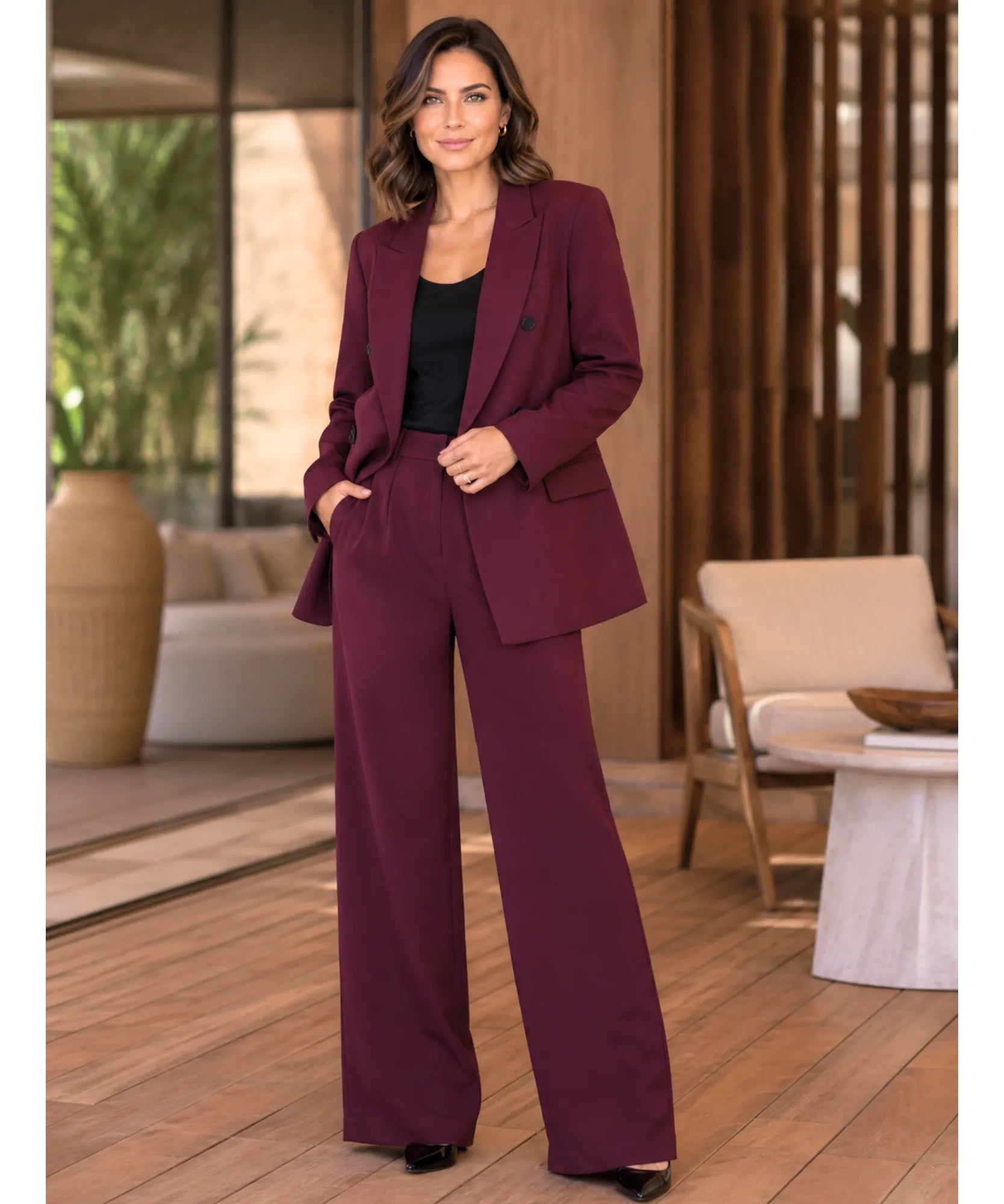 Comprar conjunto alfaiataria feminino blazer calça social executivo elegante bordô escritório promoção ZARA