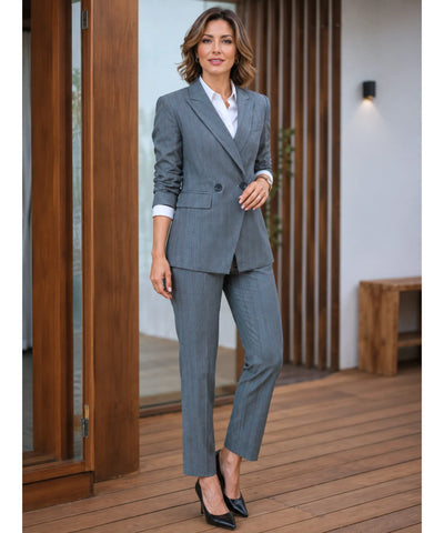 Comprar conjunto alfaiataria feminino com blazer risca de giz e calça reta elegante para trabalho ou eventos barato ANELLIMN