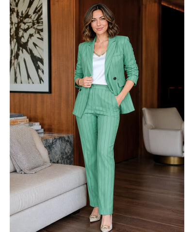 Comprar conjunto alfaiataria feminino com blazer risca de giz e calça reta elegante para trabalho ou eventos barato ANELLIMN