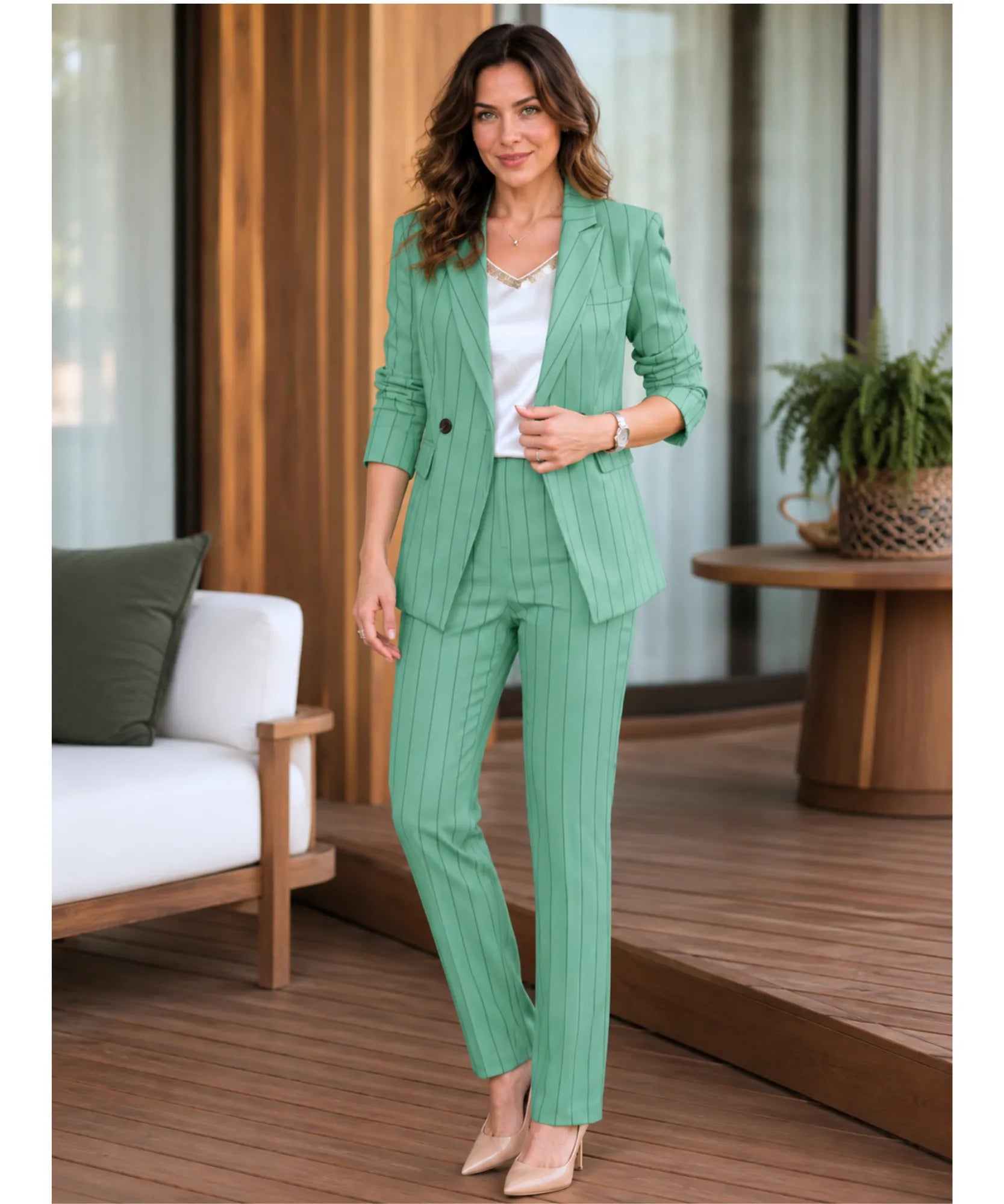 Comprar conjunto alfaiataria feminino com blazer risca de giz e calça reta elegante para trabalho ou eventos barato ANELLIMN