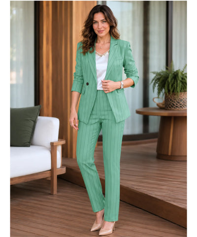Comprar conjunto alfaiataria feminino com blazer risca de giz e calça reta elegante para trabalho ou eventos barato ANELLIMN