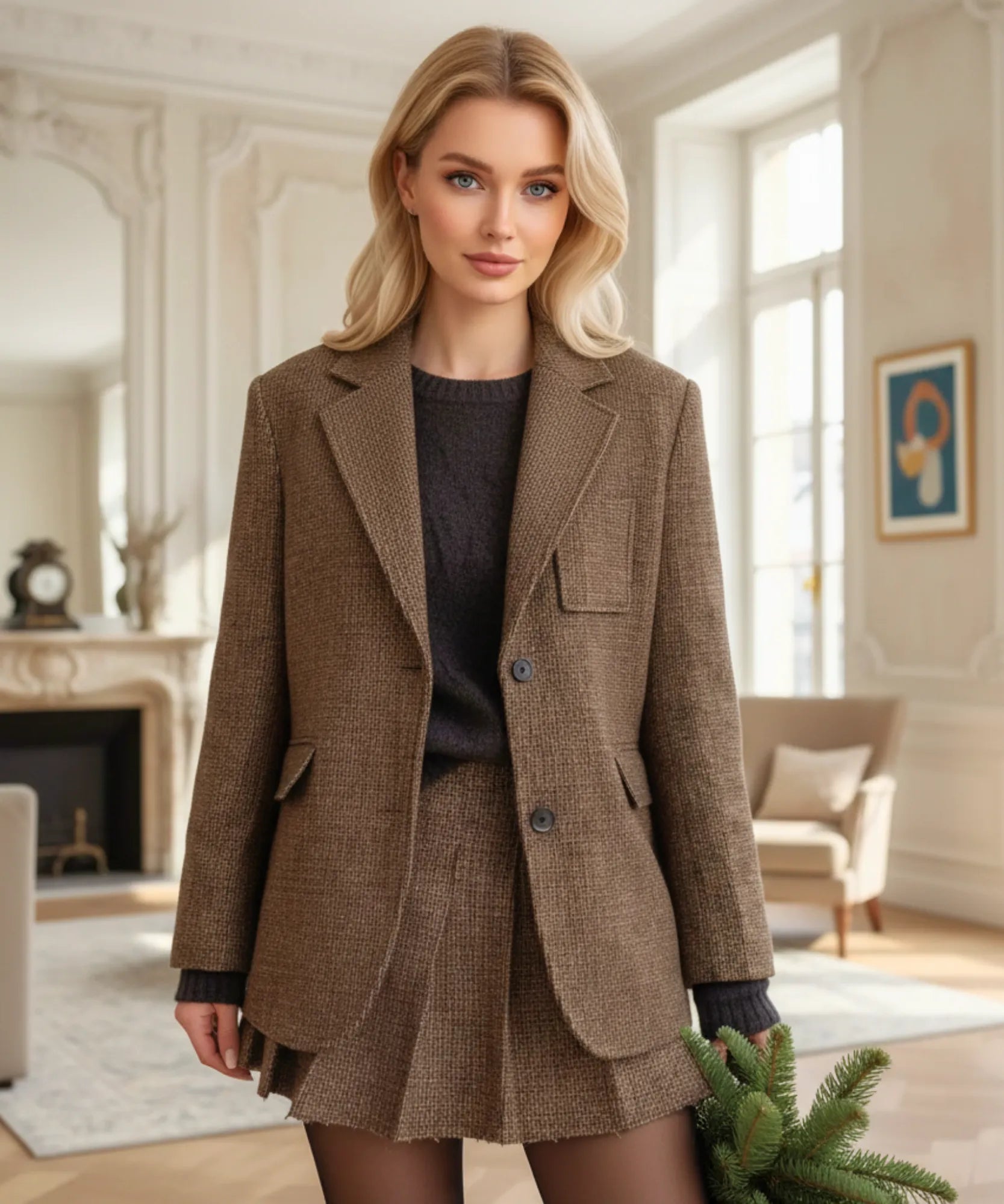 Comprar Conjunto alfaiataria feminino twaeed xadrez com blazer estruturado e saia midi, elegância executiva e sofisticação atemporal em promoção ZARA
