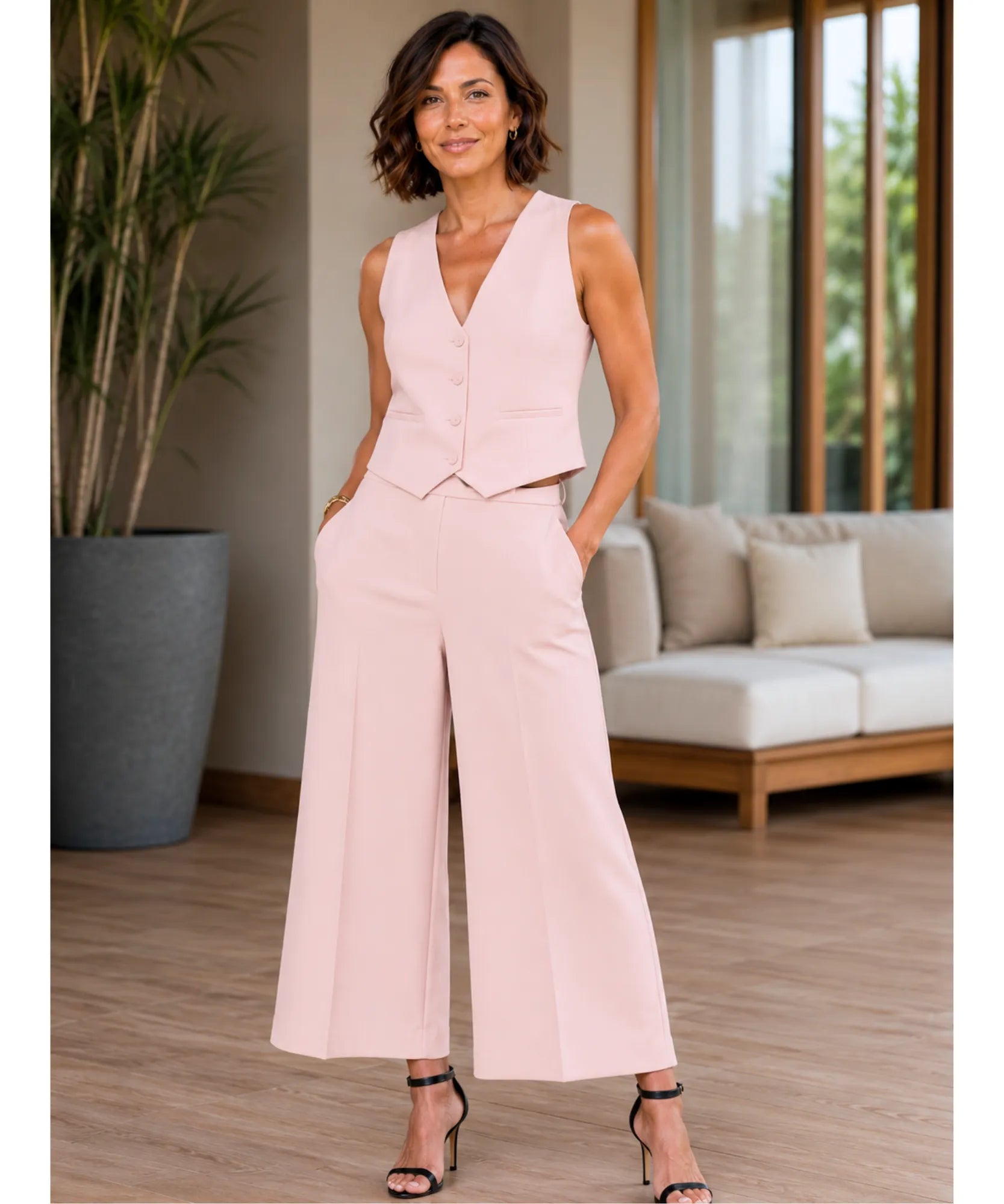 Comprar conjunto feminino alfaiataria com colete e calça pantalona elegante para trabalho e reuniões ANELLIMN