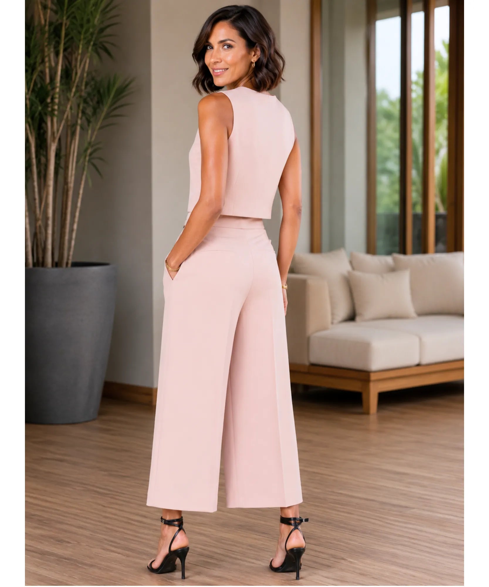 Comprar conjunto feminino alfaiataria com colete e calça pantalona elegante para trabalho e reuniões ANELLIMN