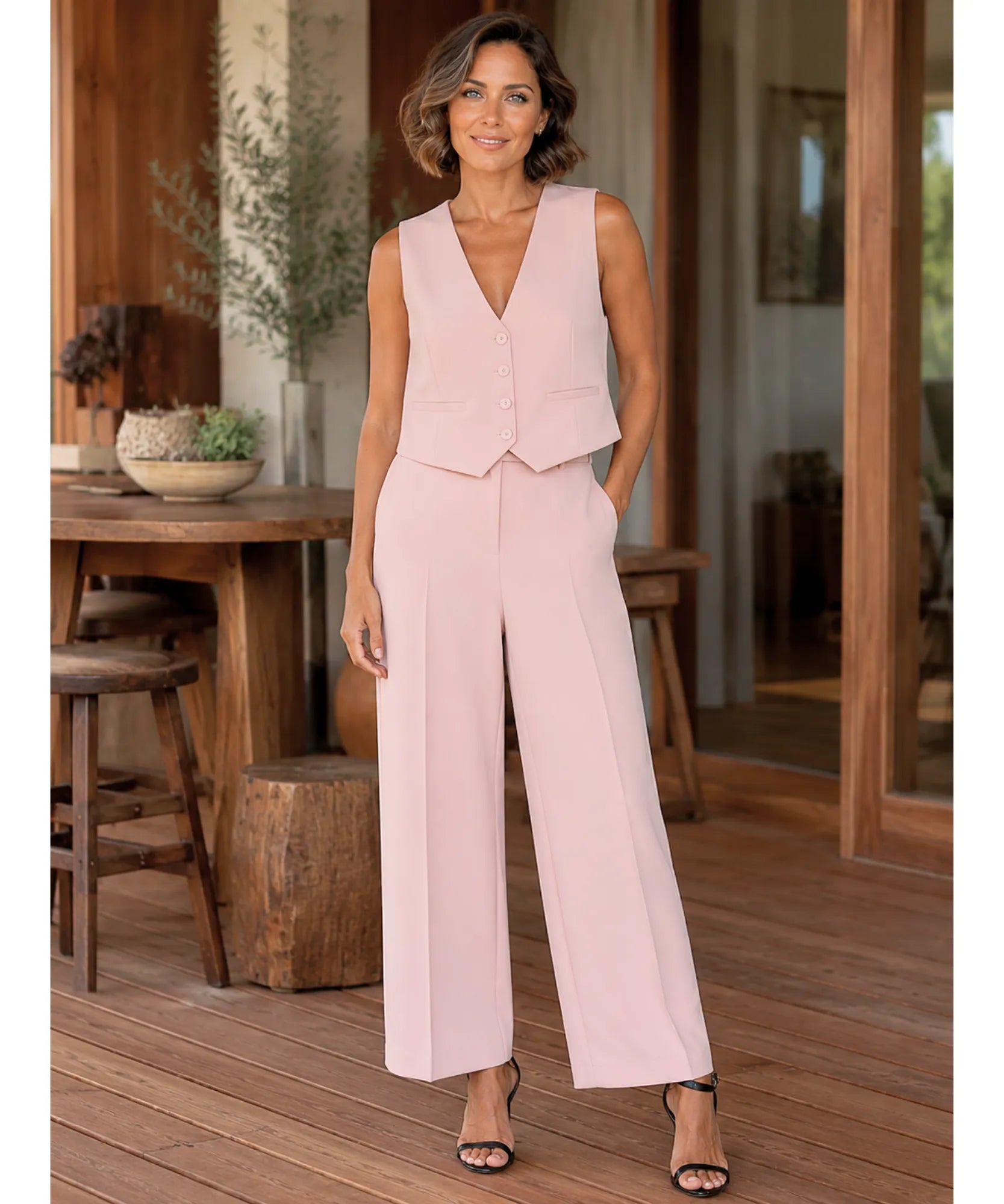 Comprar conjunto feminino alfaiataria com colete e calça pantalona elegante para trabalho e reuniões ANELLIMN