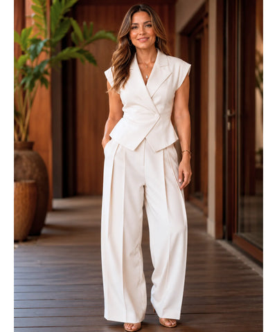 Comprar conjunto alfaiataria feminino colete e calça wide leg cintura alta pregas zíper lateral off-white em promoção ZARA