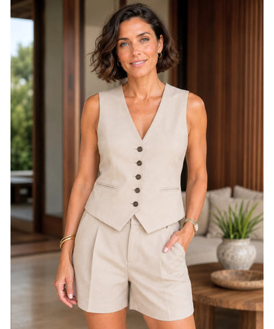 Comprar Conjunto Feminino Alfaiataria Colete e Short Linho para looks casuais ou ambiente profissional em promoção ANELLIMN