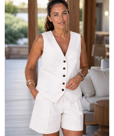 Comprar Conjunto Feminino Alfaiataria Colete e Short Linho para looks casuais ou ambiente profissional em promoção ANELLIMN