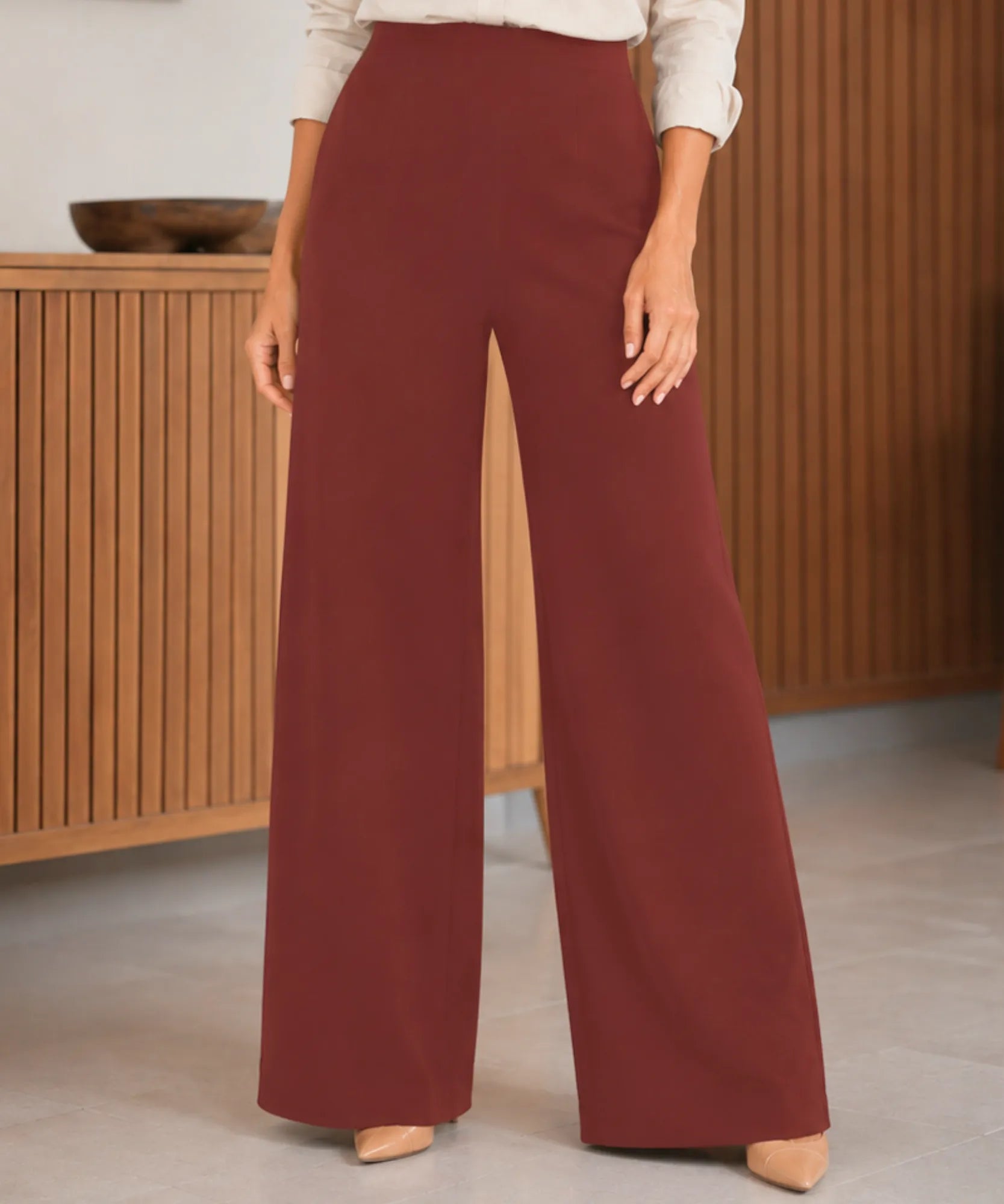 Comprar conjunto alfaiataria feminino elegante crepe blusa ombro caído calça pantalona wide leg em promoção ANELLIMN