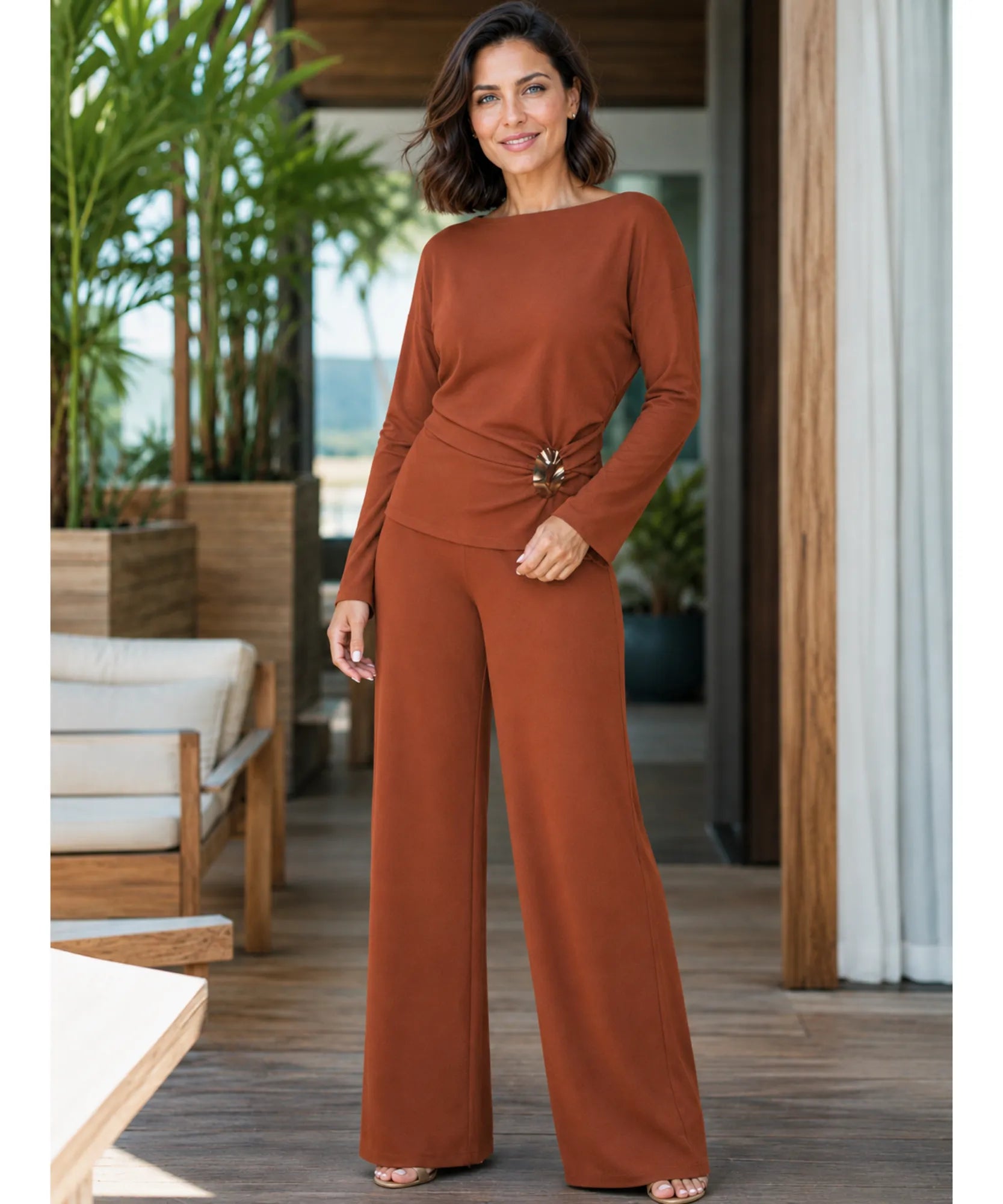 Comprar conjunto alfaiataria feminino elegante crepe blusa ombro caído calça pantalona wide leg em promoção ANELLIMN