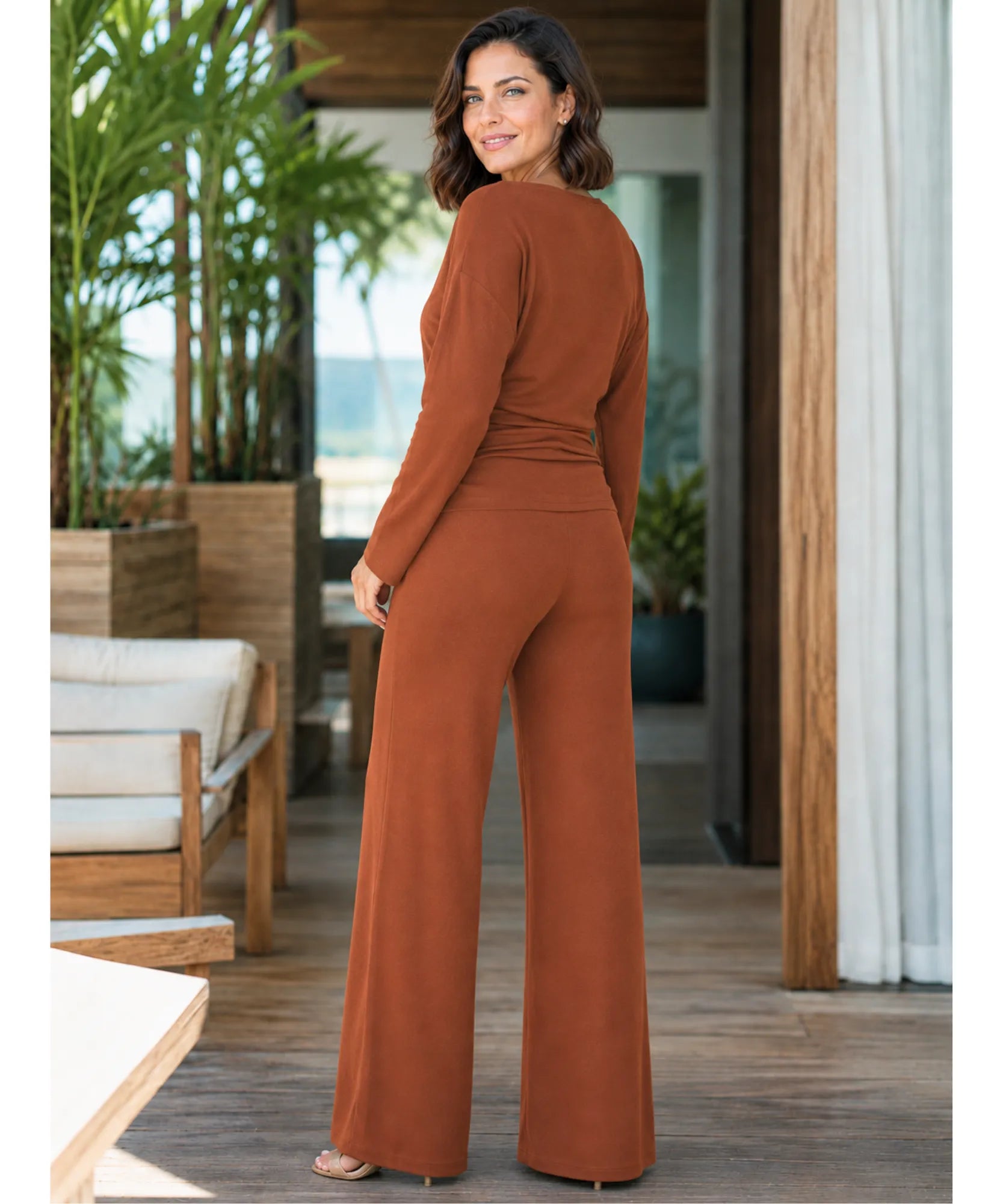Comprar conjunto alfaiataria feminino elegante crepe blusa ombro caído calça pantalona wide leg em promoção ANELLIMN