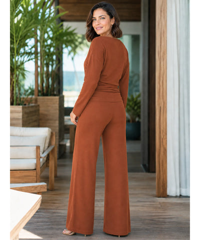 Comprar conjunto alfaiataria feminino elegante crepe blusa ombro caído calça pantalona wide leg em promoção ANELLIMN