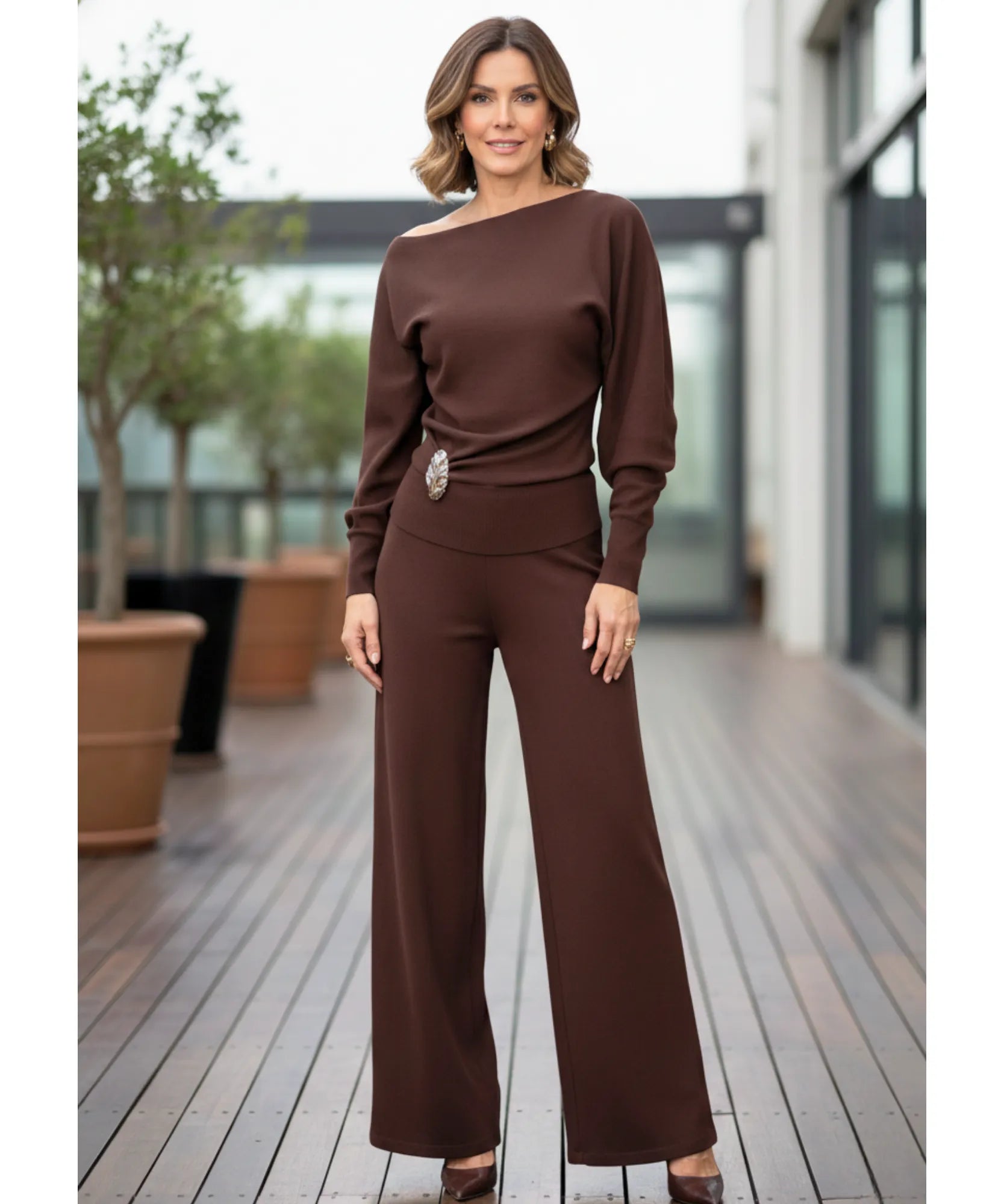 Comprar conjunto alfaiataria feminino elegante crepe blusa ombro caído calça pantalona wide leg em promoção ZARA