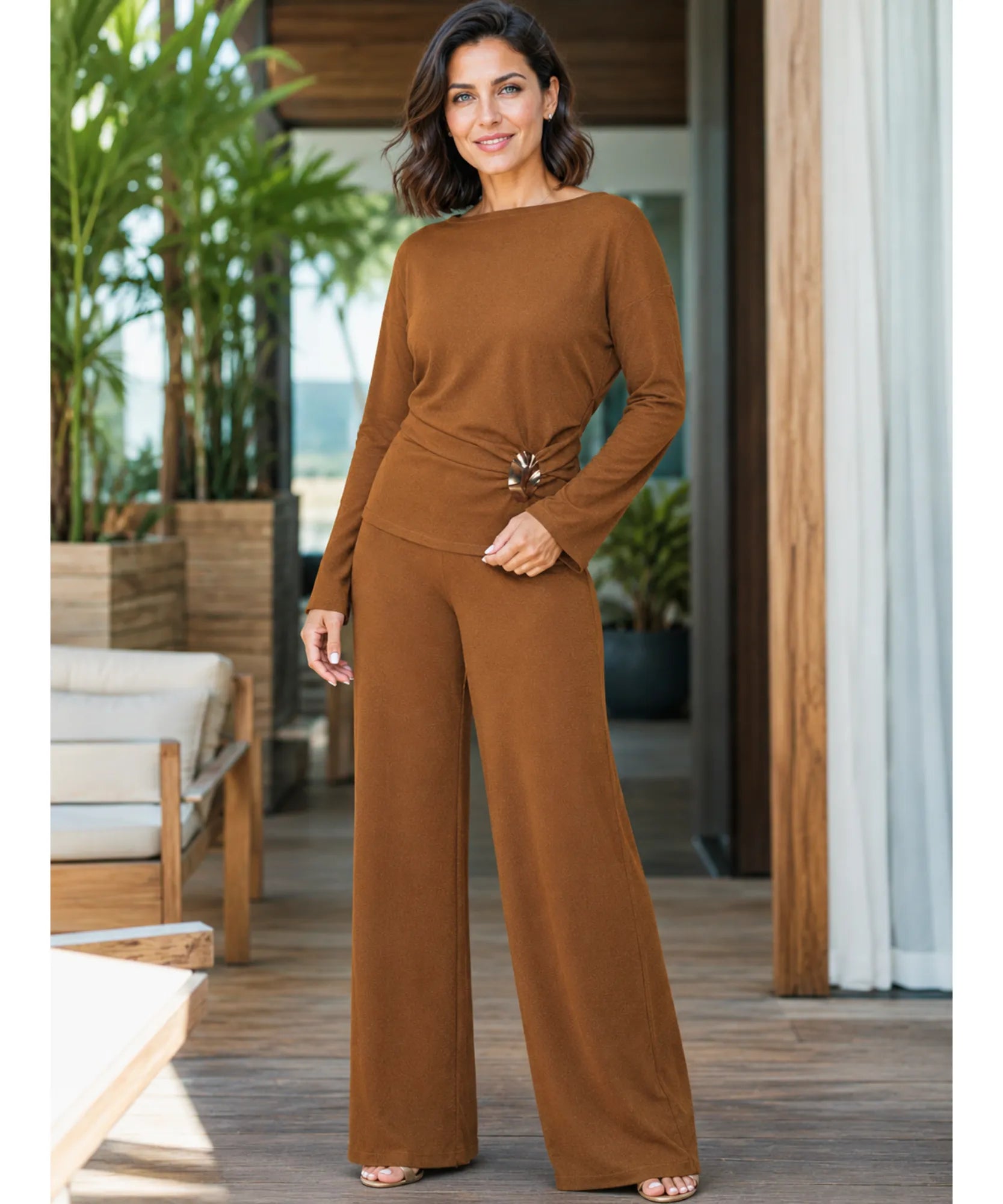 Comprar conjunto alfaiataria feminino elegante crepe blusa ombro caído calça pantalona wide leg em promoção ANELLIMN