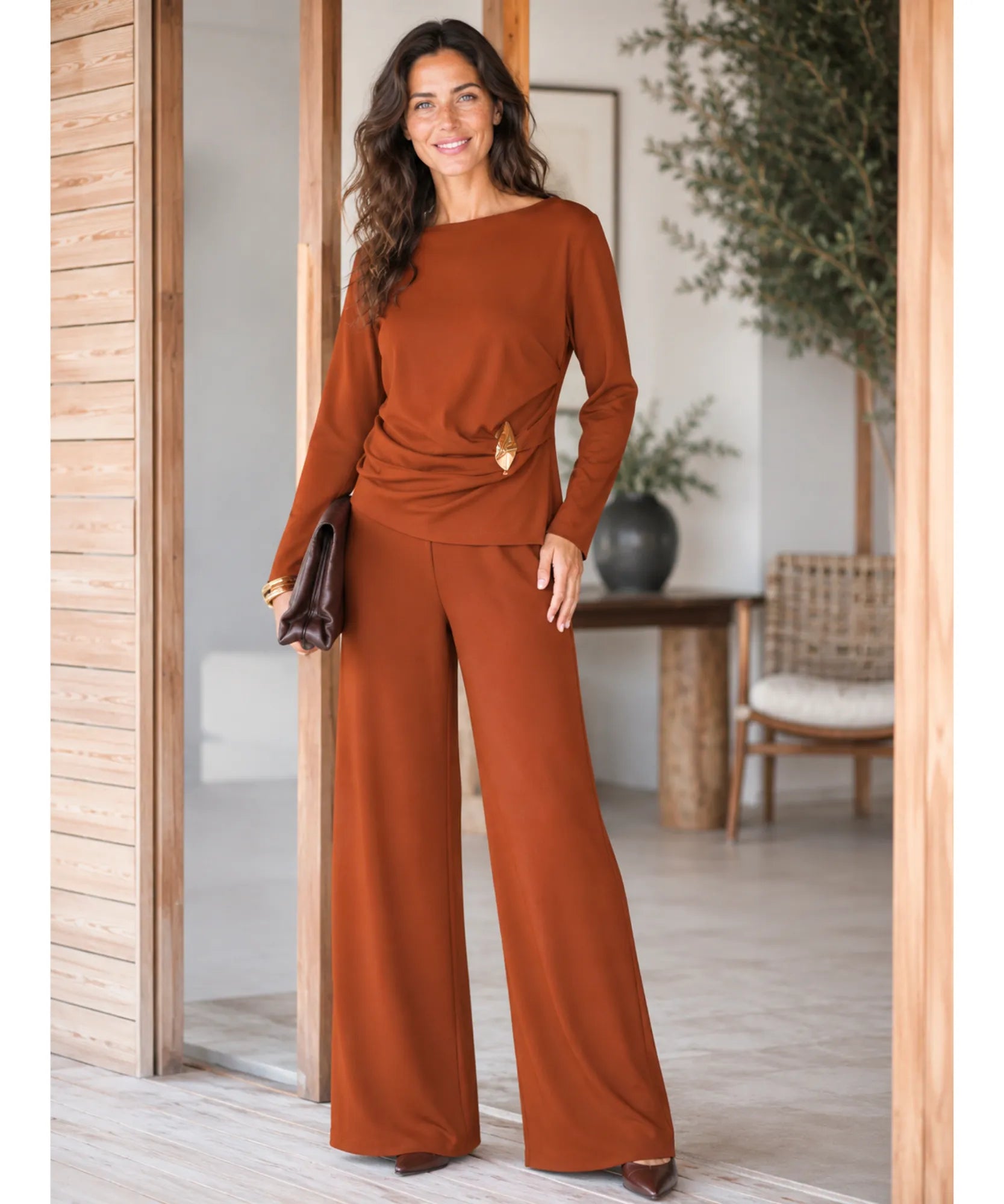 Comprar conjunto alfaiataria feminino elegante crepe blusa ombro caído calça pantalona wide leg em promoção ANELLIMN