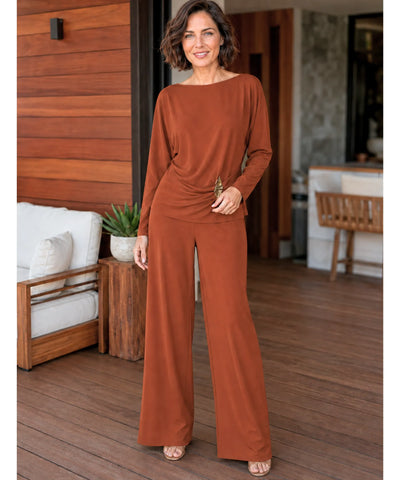 Comprar conjunto alfaiataria feminino elegante crepe blusa ombro caído calça pantalona wide leg em promoção ANELLIMN