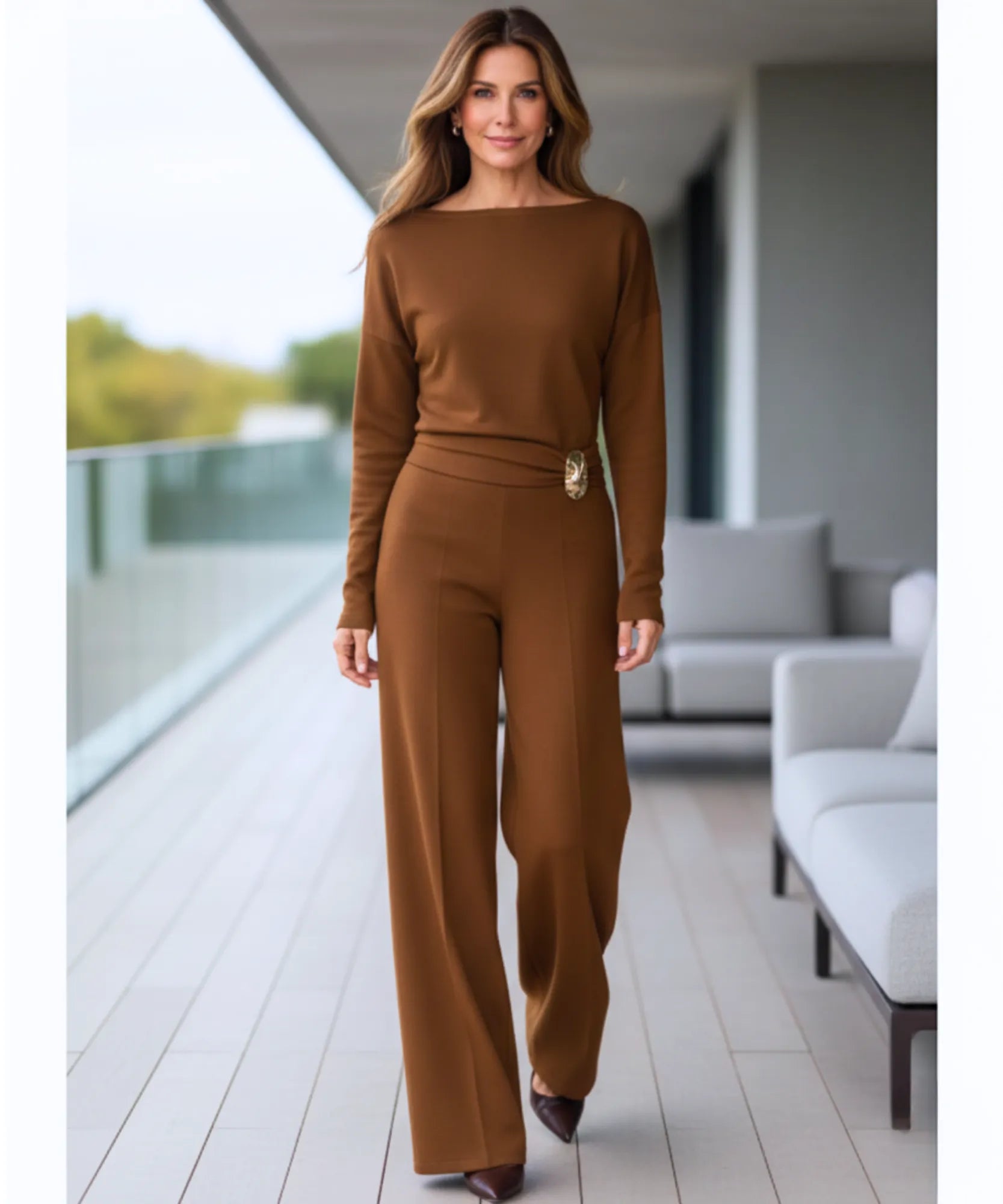 Comprar conjunto alfaiataria feminino elegante crepe blusa ombro caído calça pantalona wide leg em promoção ZARA