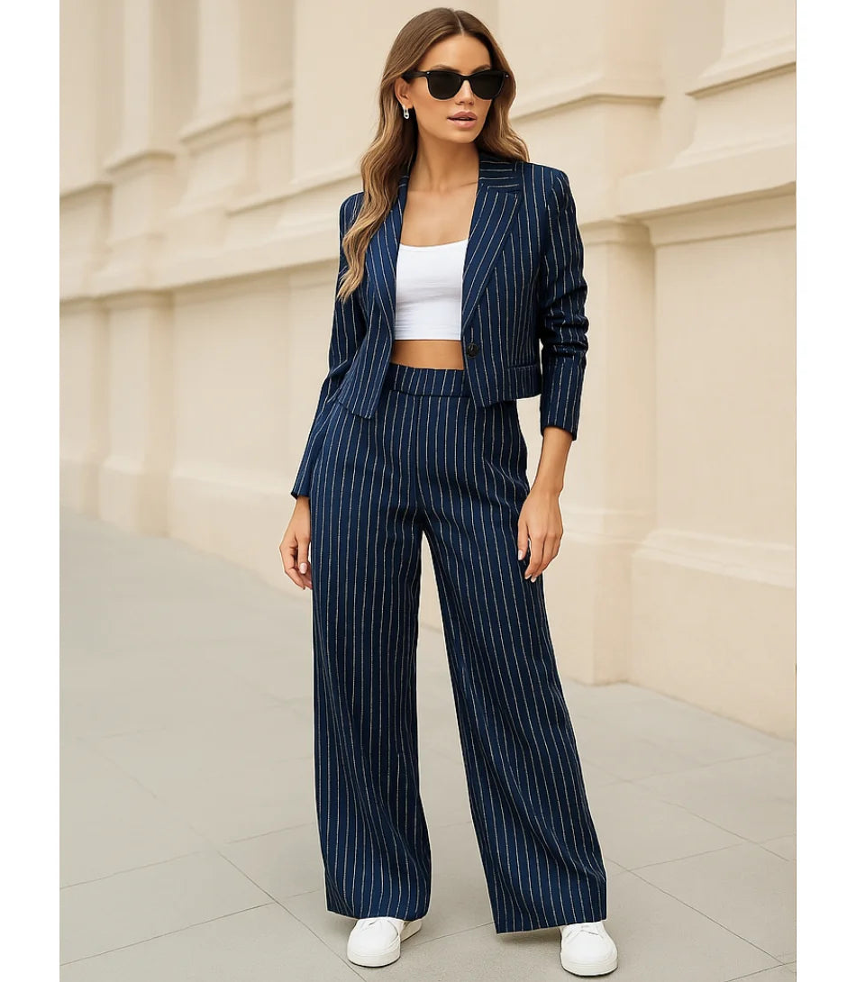 Comprar Conjunto Social Feminino Alfaiataria Risca de Giz Azul Marinho ZARA
