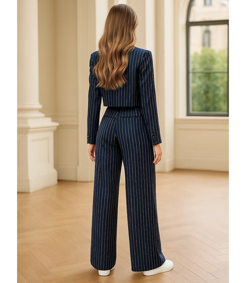 Comprar Conjunto Social Feminino Alfaiataria Risca de Giz Azul Marinho ZARA
