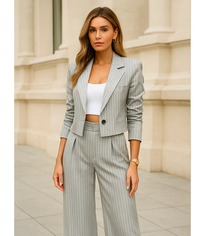 Comprar Conjunto Social Feminino Alfaiataria Risca de Giz Cinza ZARA
