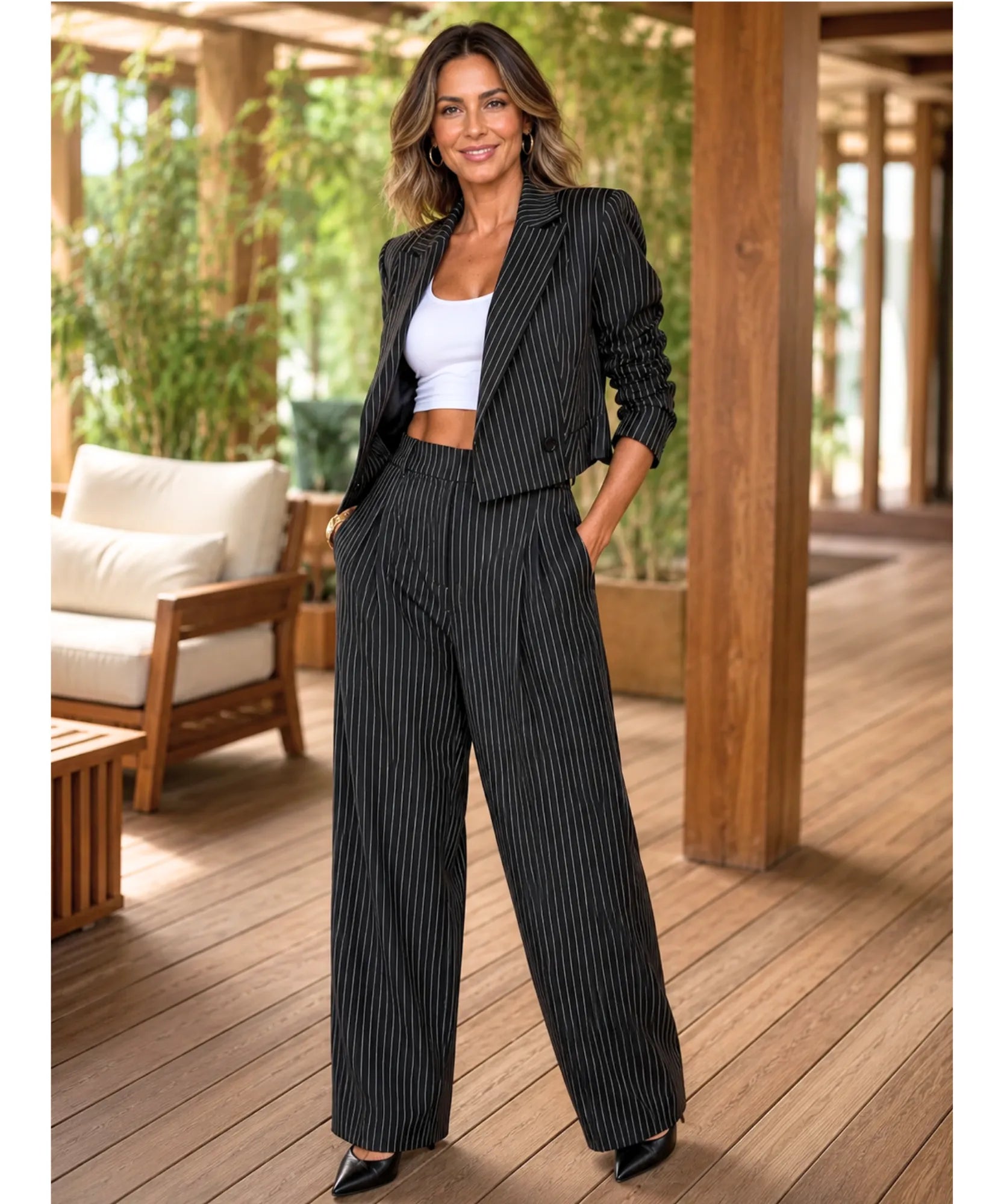 Comprar Conjunto Social Feminino Alfaiataria Risca de Giz barata e promoção ANELLIMN