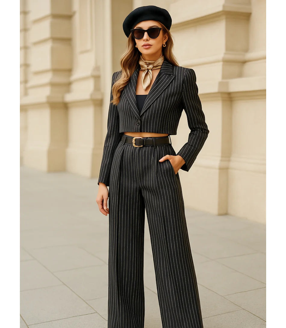 Comprar Conjunto Social Feminino Alfaiataria Risca de Giz Preto ZARA

