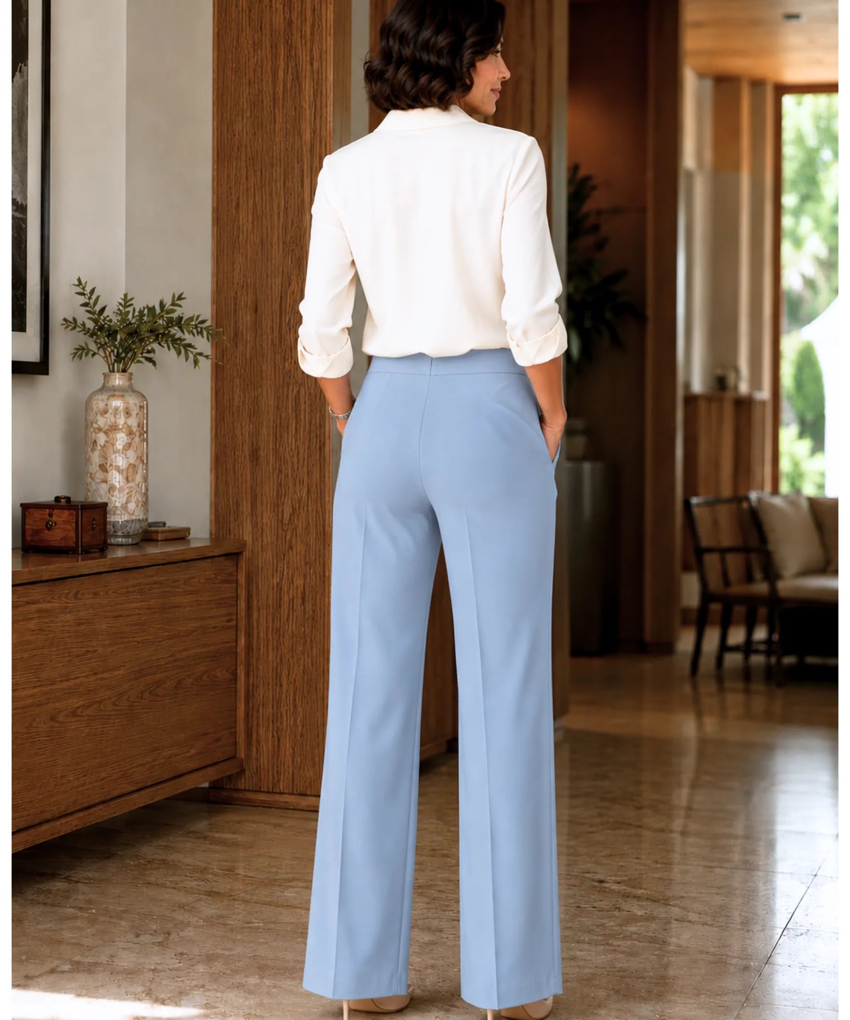 Comprar conjunto alfaiataria feminino elegante com top amarração lateral e calça cintura alta em promoção ANELLIMN