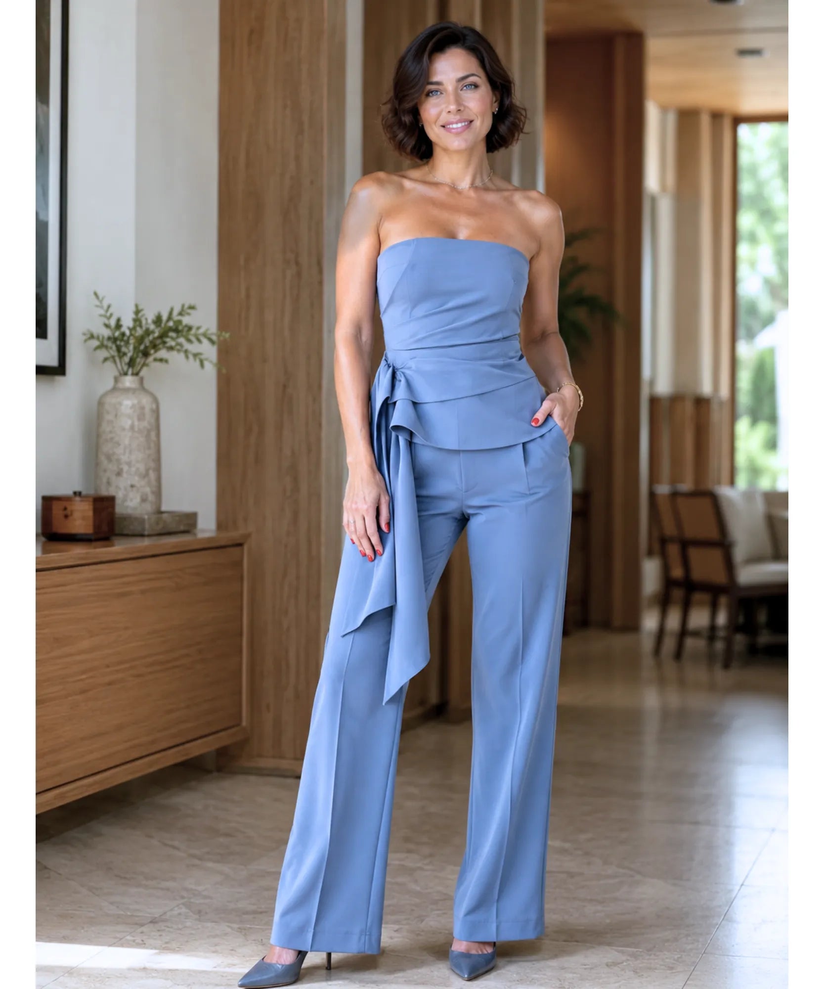Comprar conjunto alfaiataria feminino elegante com top amarração lateral e calça cintura alta em promoção ANELLIMN