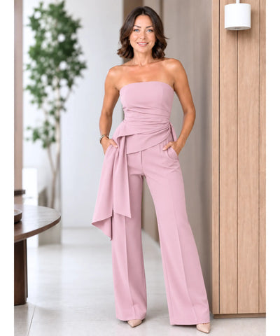 Comprar conjunto alfaiataria feminino elegante com top amarração lateral e calça cintura alta em promoção ANELLIMN