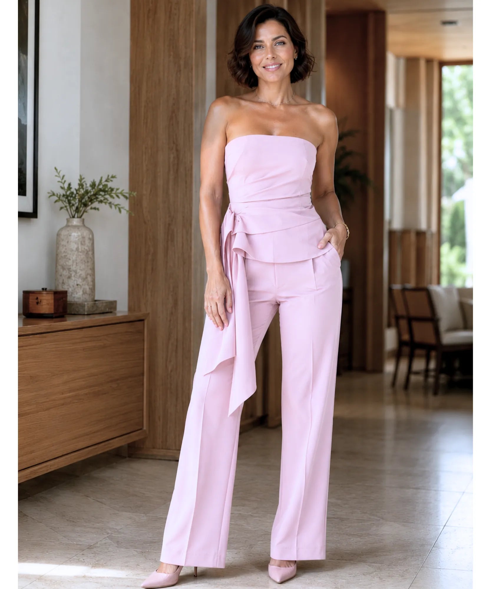 Comprar conjunto alfaiataria feminino elegante com top amarração lateral e calça cintura alta em promoção ANELLIMN
