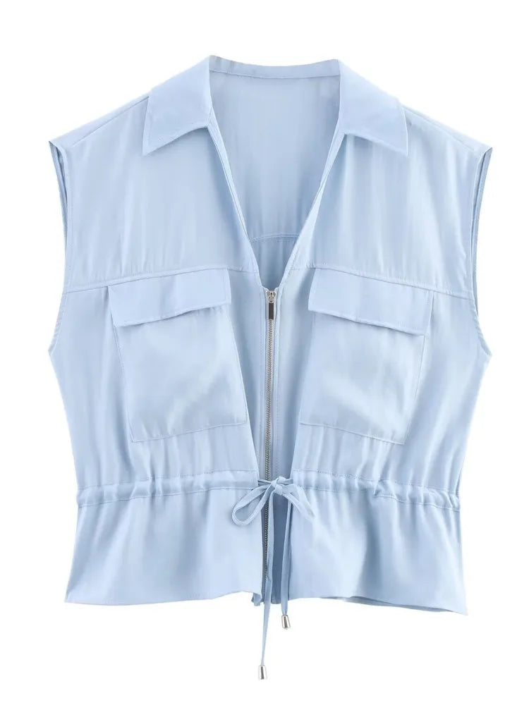 Comprar conjunto alfaiataria feminino verão azul claro calça e blusa barato Anellimn