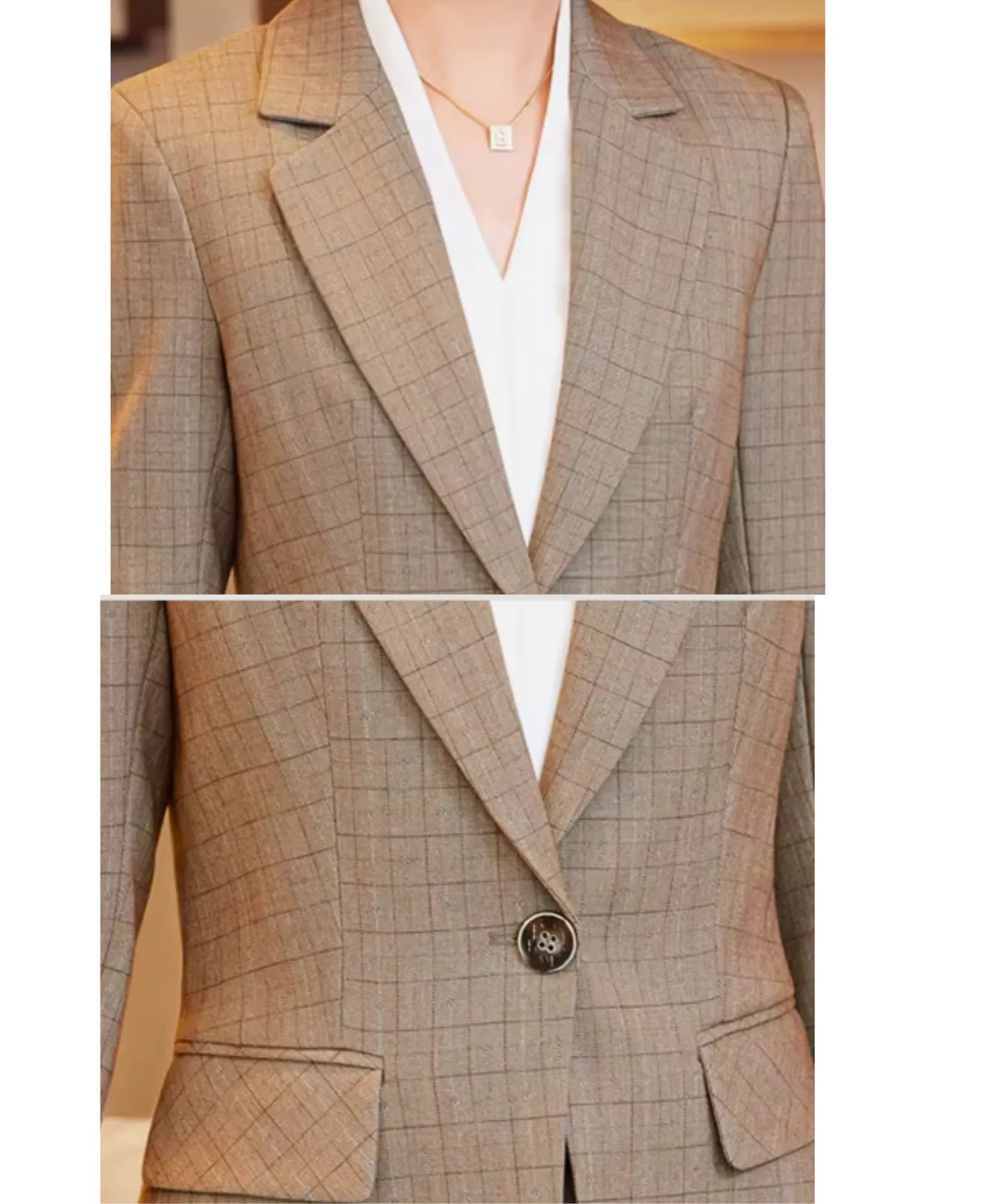 Conjunto alfaiataria feminino risca de giz caqui – detalhe do colarinho e botão do blazer