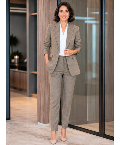 Conjunto alfaiataria feminino risca de giz caqui – blazer e calça reta, vista de frente