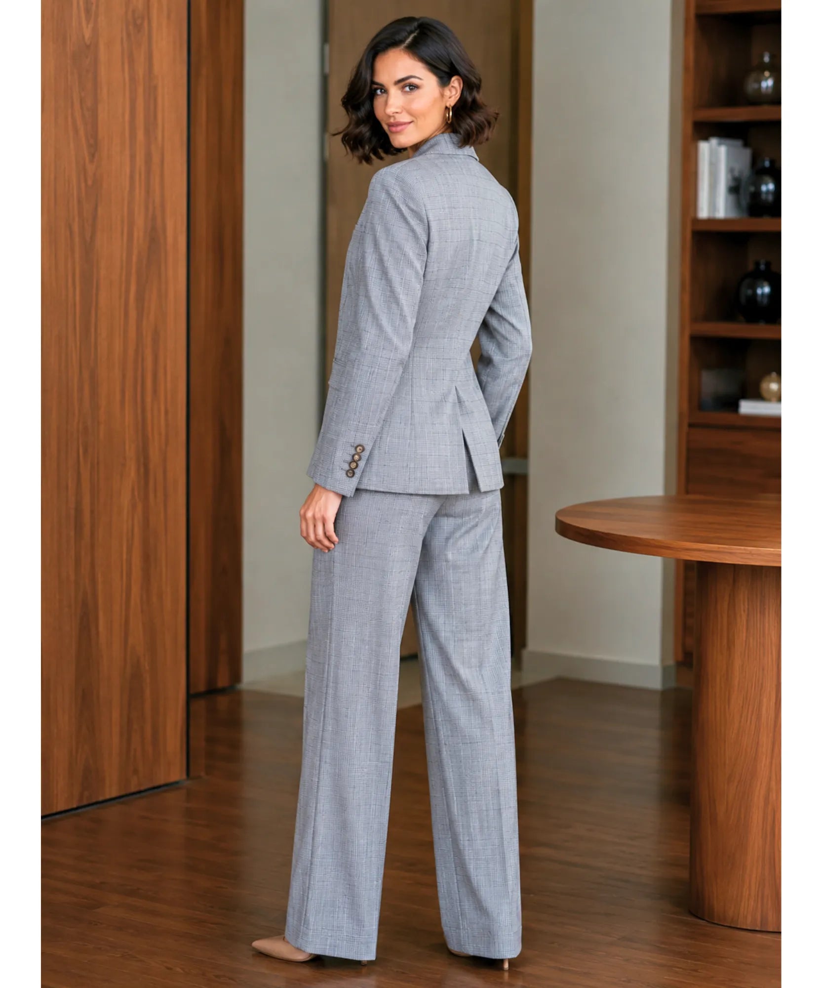 Comprar conjunto alfaiataria feminino risca de giz cinza detalhe botões barato Anellimn