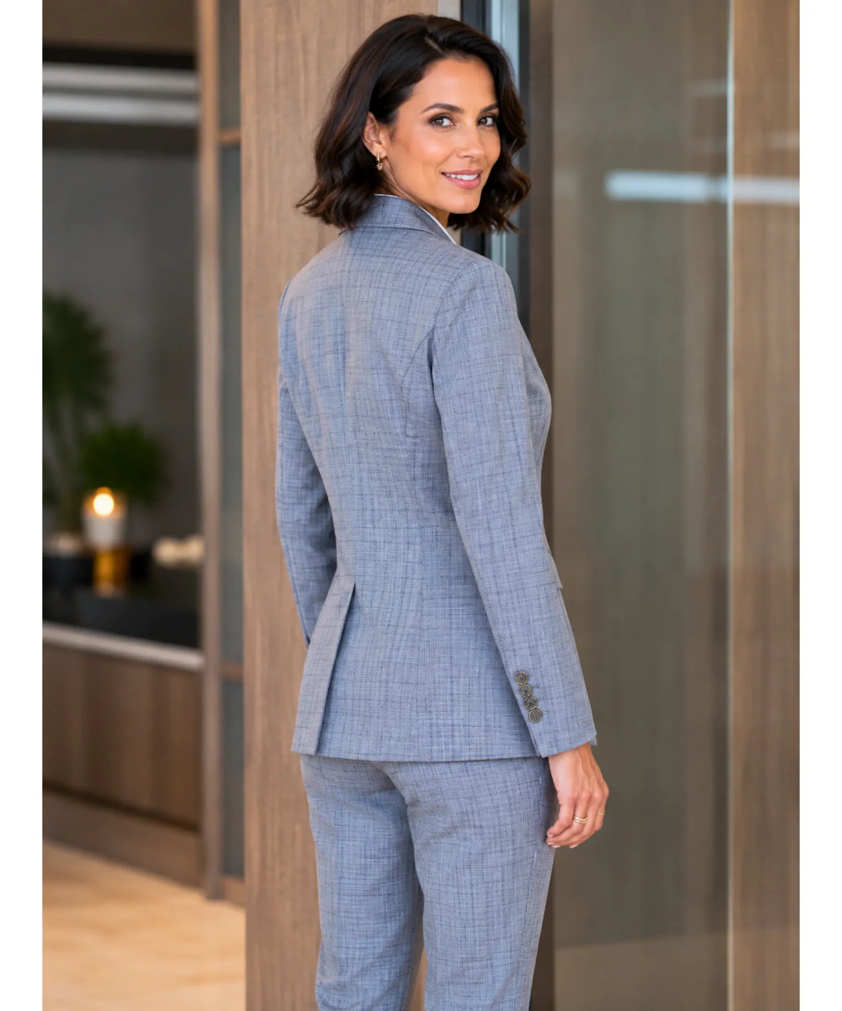 Comprar conjunto alfaiataria feminino risca de giz cinza calça pantalona barato Anellimn