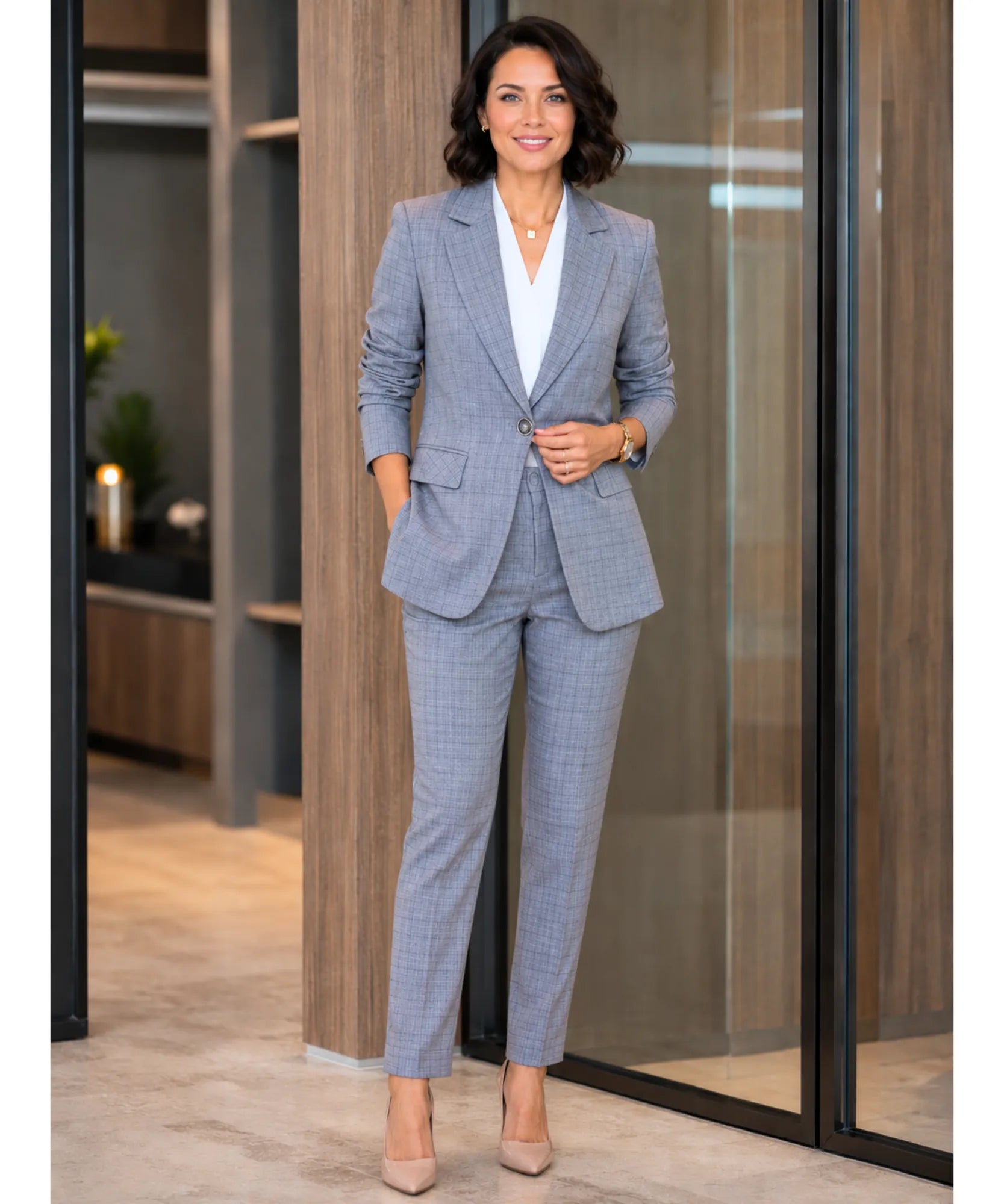 Conjunto alfaiataria feminino risca de giz cinza – modelo usando blazer e calça, outra pose de frente