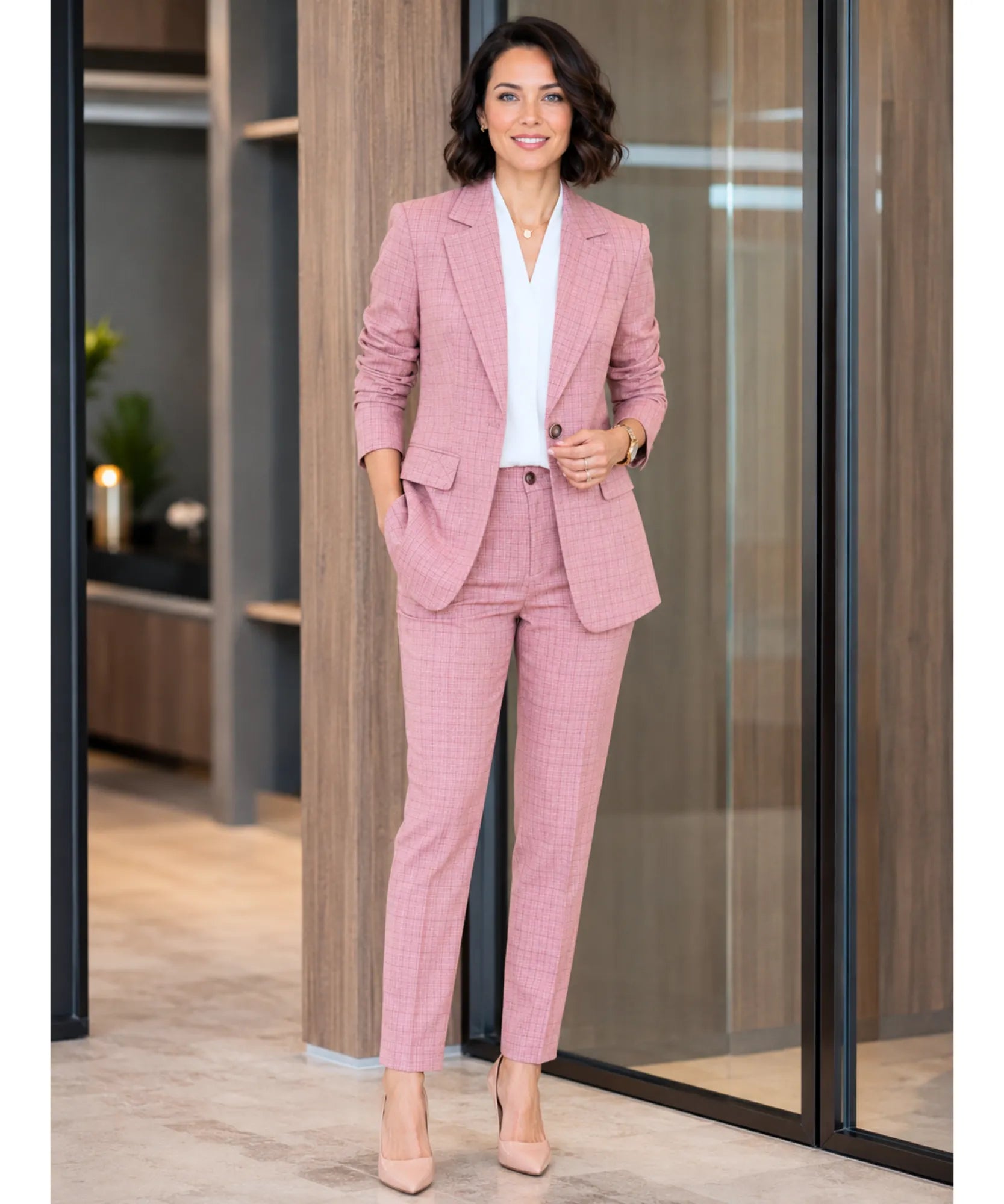 Conjunto alfaiataria feminino risca de giz rosa – blazer e calça reta, vista de frente