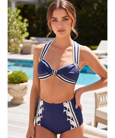 Comprar conjunto biquíni 3 peças listrado feminino cintura alta náutico retro praia verão AZUL barato promoção ANELLIMN
