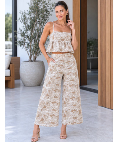Comprar conjunto bordado feminino cropped e calça pantalona bege barato Anellimn
