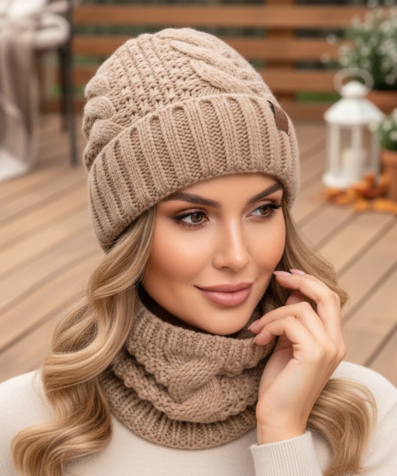  Comprar conjunto cachecol e gorro feminino tricot trançado forro térmico inverno barato promoção ANELLIMN 