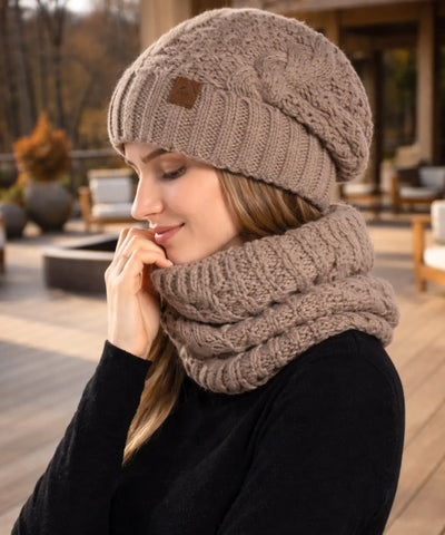  Comprar conjunto cachecol e gorro feminino tricot trançado forro térmico inverno barato promoção ANELLIMN 