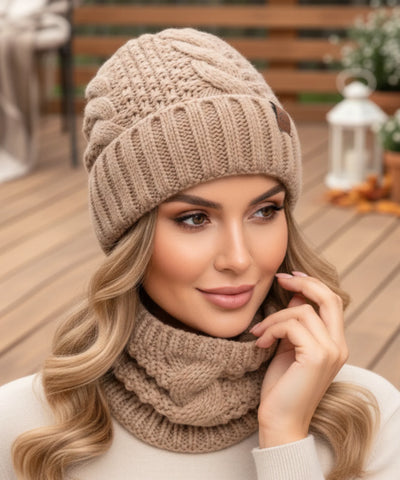  Comprar conjunto cachecol e gorro feminino tricot trançado forro térmico inverno barato promoção ANELLIMN 