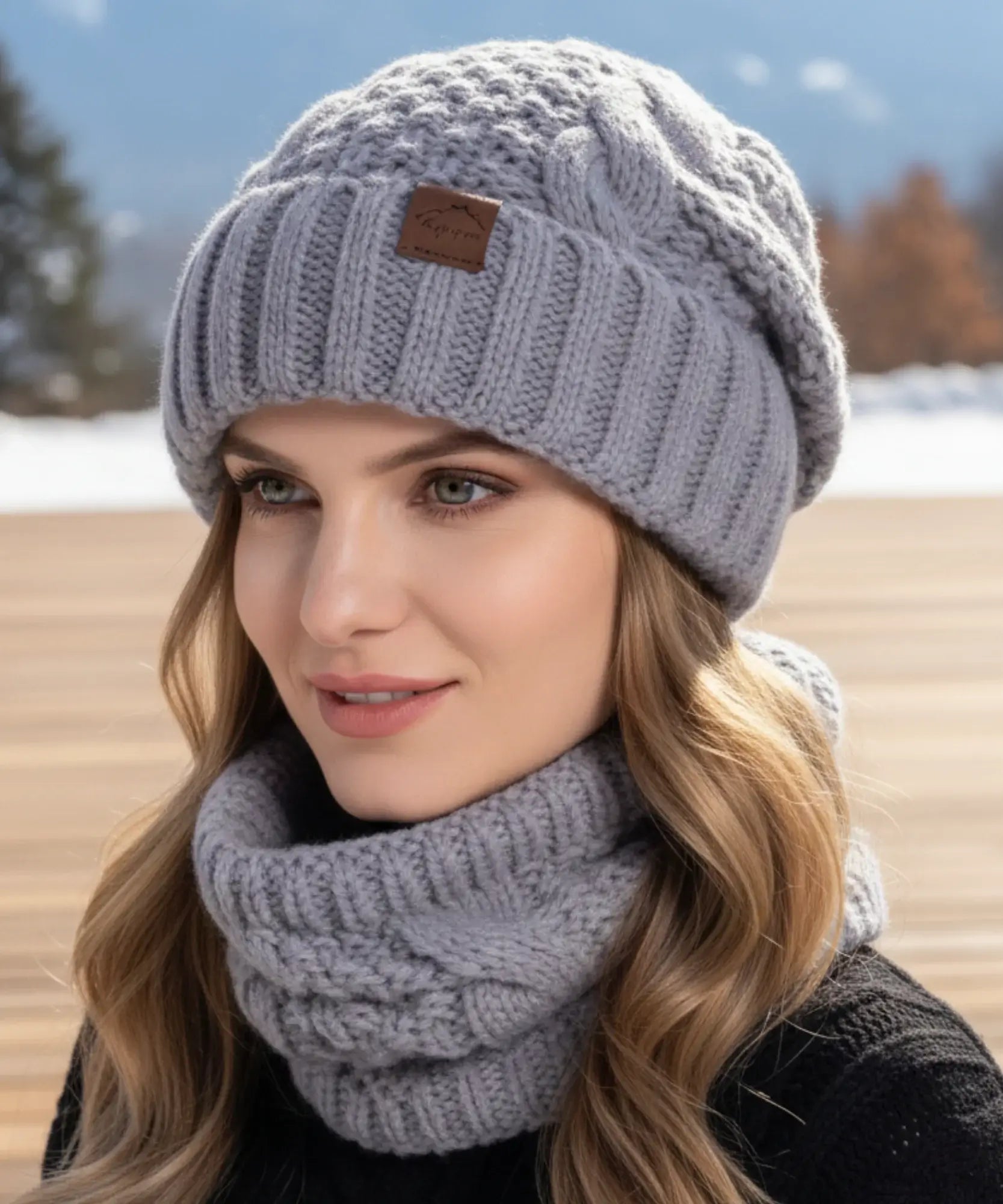  Comprar conjunto cachecol e gorro feminino tricot trançado forro térmico inverno barato promoção ANELLIMN 