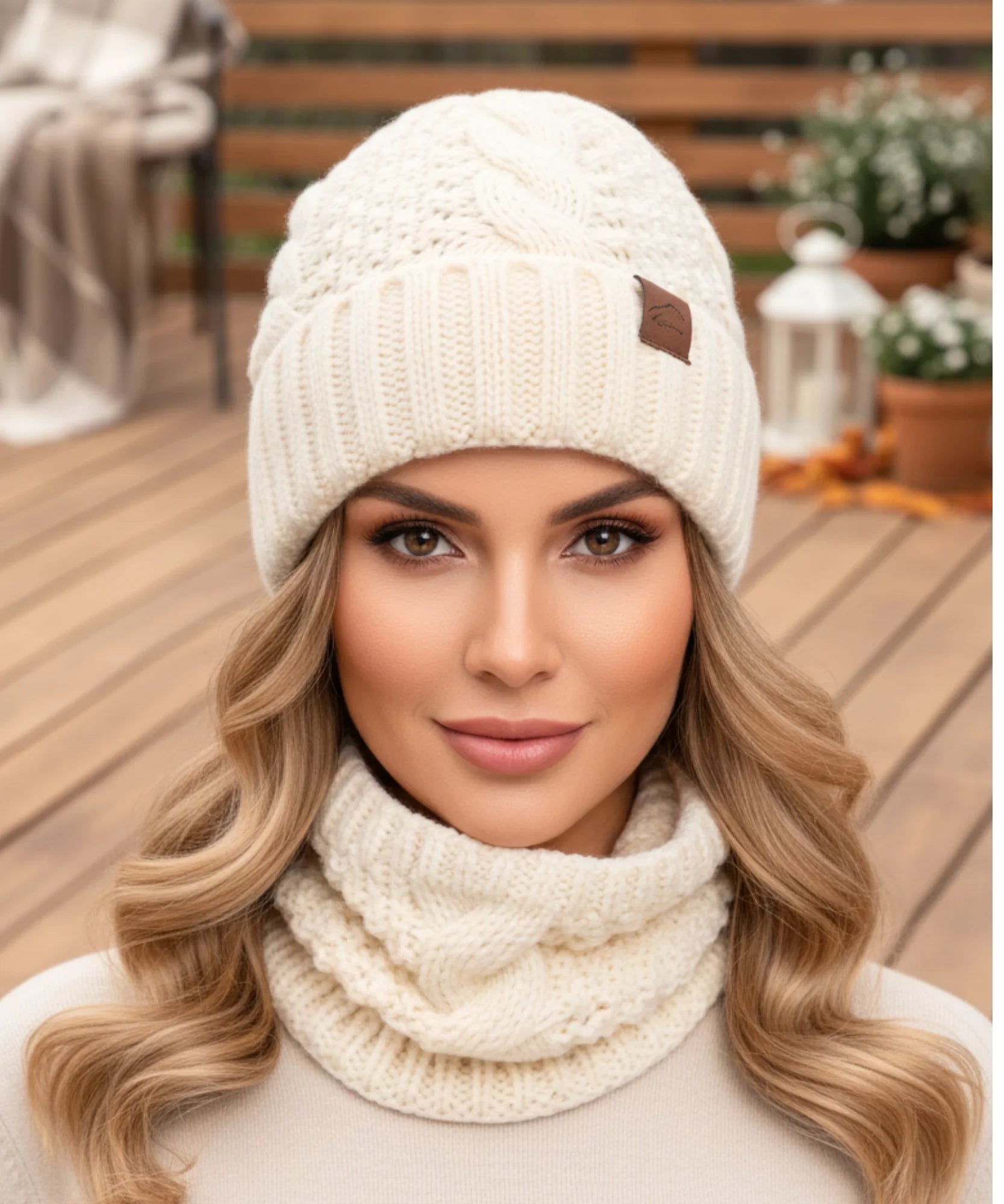  Comprar conjunto cachecol e gorro feminino tricot trançado forro térmico inverno barato promoção ANELLIMN 