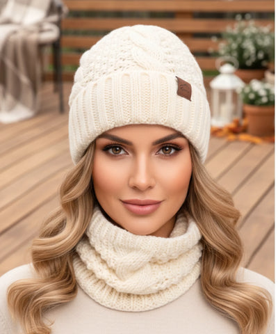  Comprar conjunto cachecol e gorro feminino tricot trançado forro térmico inverno barato promoção ANELLIMN 