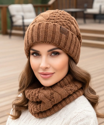  Comprar conjunto cachecol e gorro feminino tricot trançado forro térmico inverno barato promoção ANELLIMN 
