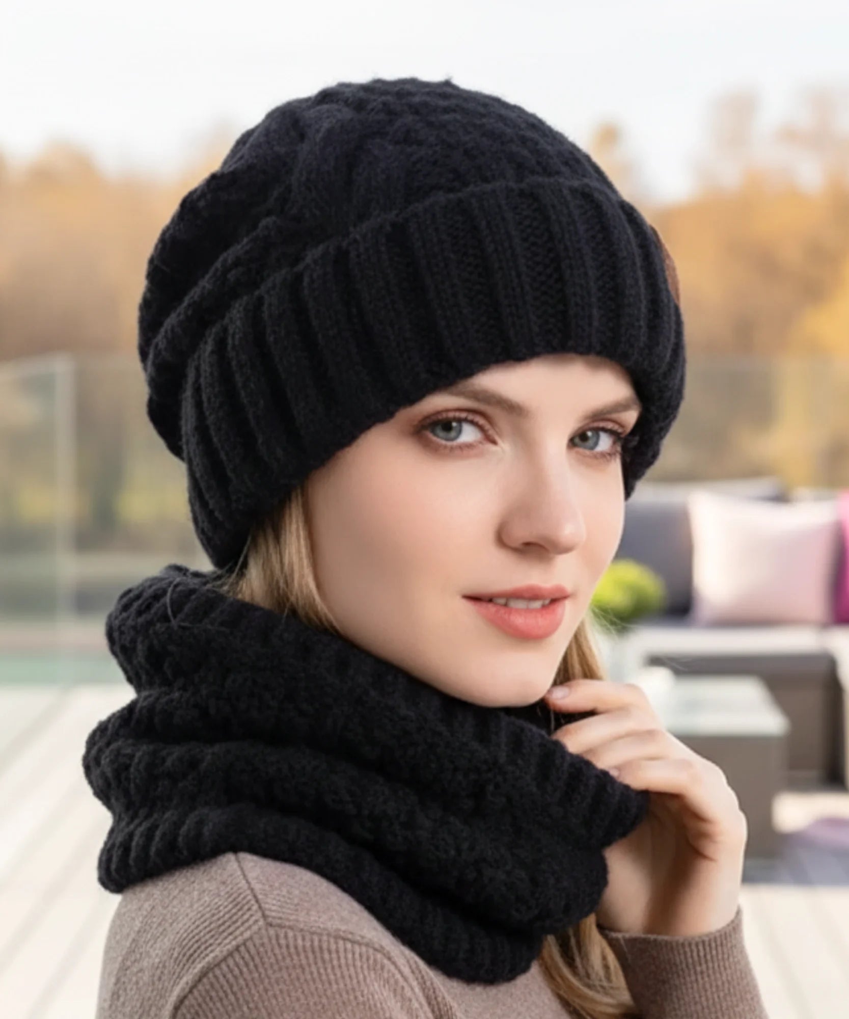  Comprar conjunto cachecol e gorro feminino tricot trançado forro térmico inverno barato promoção ANELLIMN 