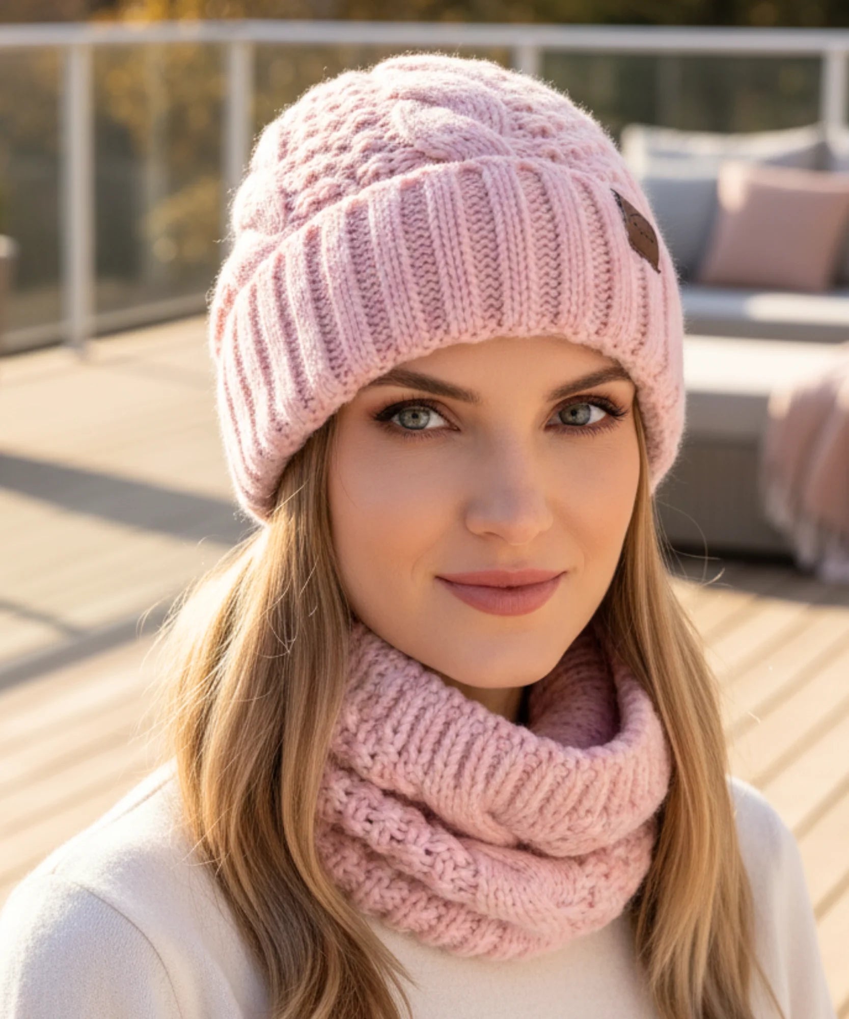  Comprar conjunto cachecol e gorro feminino tricot trançado forro térmico inverno barato promoção ANELLIMN 